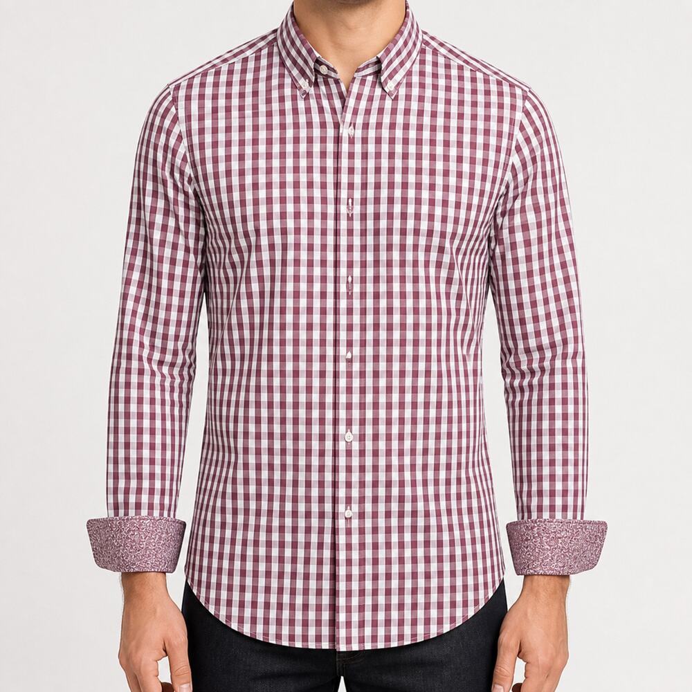 Penguin Dress Shirt Mens 15 Slim Fit Gingham Check Long Sleeve Flip Cuffs